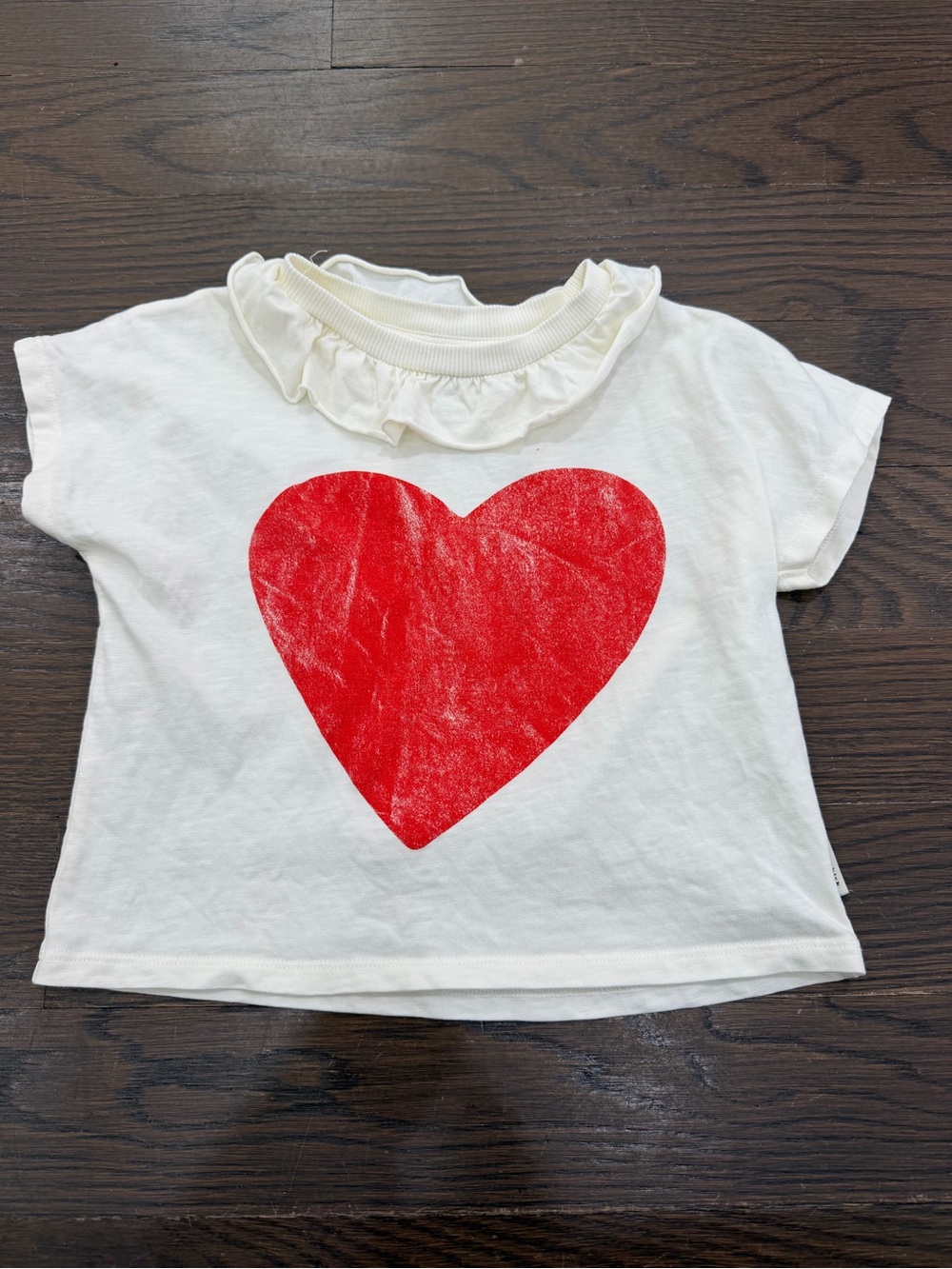Girls White Short-Sleeve Tee with Red Heart and Ruffle Neck
